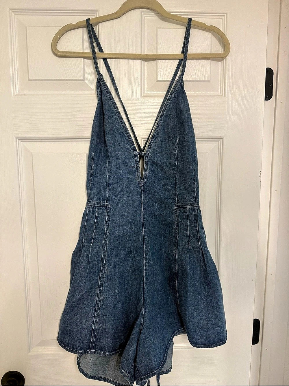 Free People We The Free Nostalgia Ultra Shortall Denim Romper Blue Large